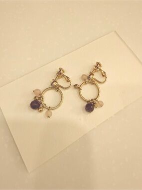Plated Gold Silver Hoop Dangle Earrings with Amethyst and Rose Quartz
